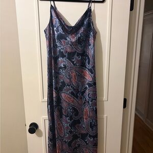 Navy and Red Paisley Cowl Neck Midi Dress